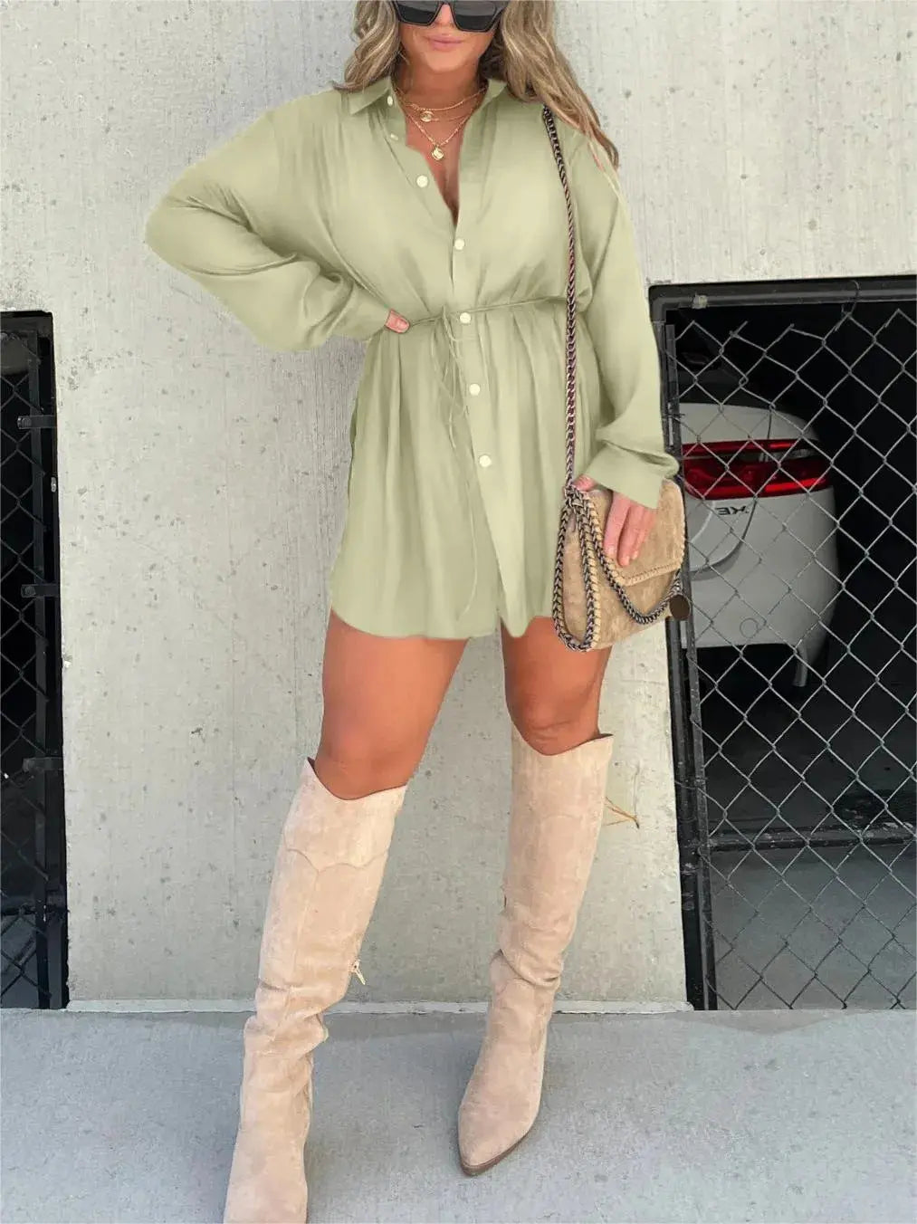 Women's Long Sleeve Jumpsuit With Button Fashion Shirt Dress 