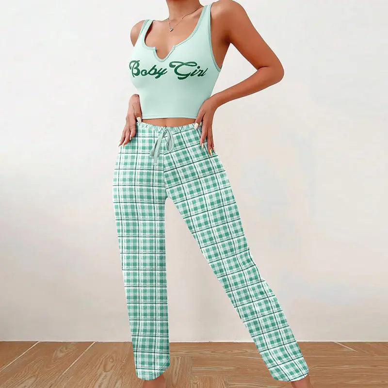 Spring Summer Women's Casual Pajamas Home Wear Vest Color Matching Plaid Trousers Letter Print Top Ladies 2 Pcs Home Clothes Sleepwear 