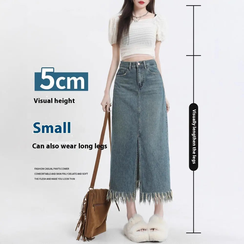 Retro Slit Denim Skirt Women's Tassel Mid-length Hip Skirt 