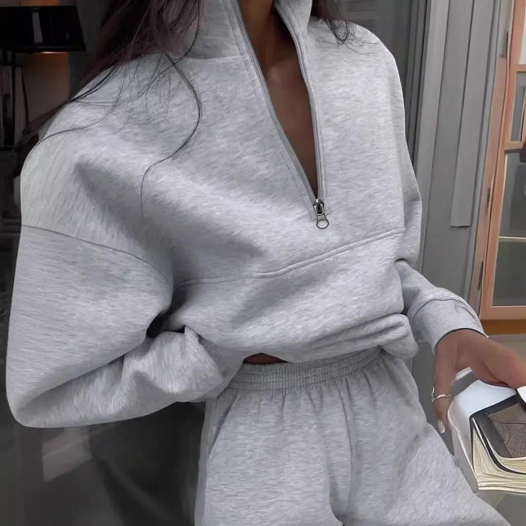 Long-sleeved Sports Sweatshirt Suit Fashion Stand-up Collar Zip-up Top And Elastic Band Trousers With Pocket Srping Fall Clothing For Women 