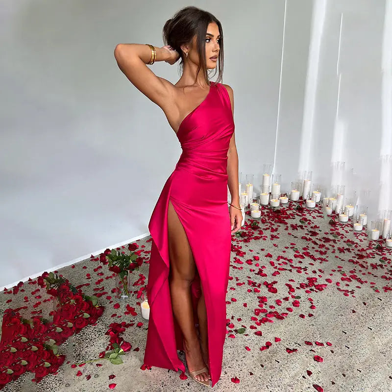 Sexy One-shoulder Backless Slit Dress Summer Elegant Slim-fit Solid Color Satin Dresses For Women 