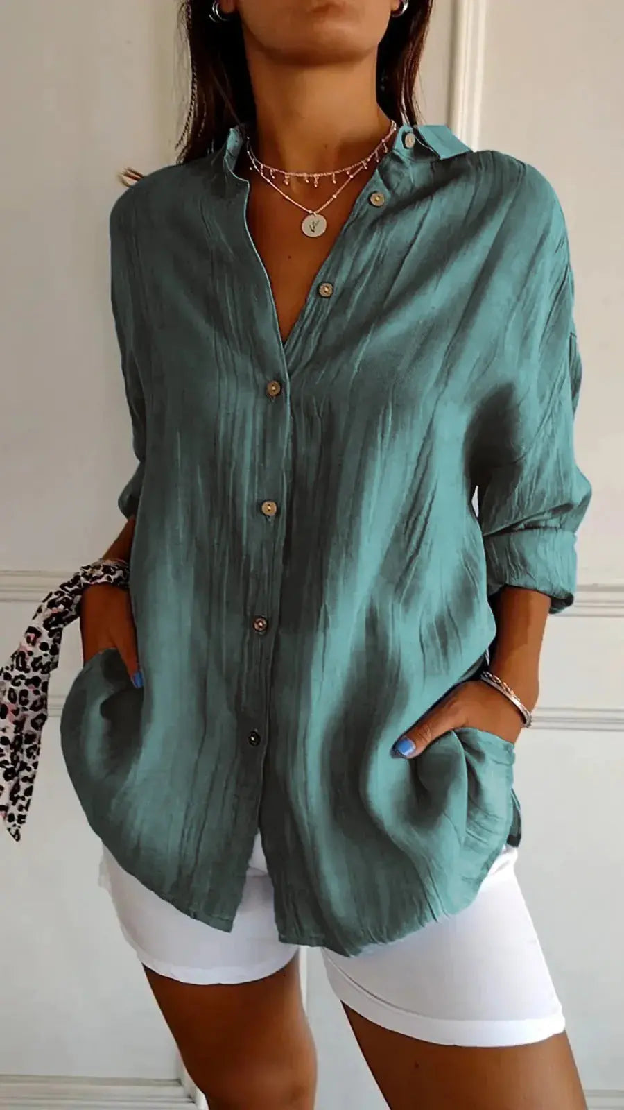 Lapel Long Sleeve Shirt Women's Single-breasted Pleated Shirt 
