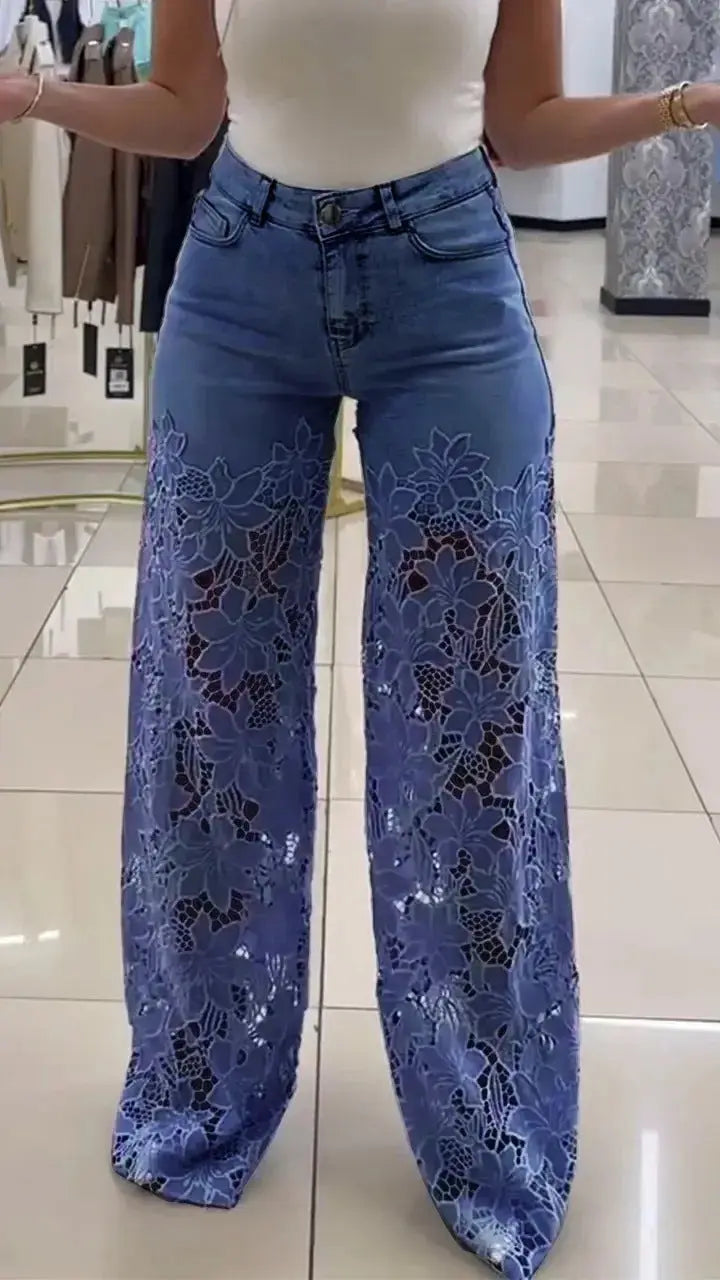 Y2K Lace Flowers Hollow Jeans Fashion High Waist Straight Wide Leg Pants Solid Color Trousers Women's Clothing 