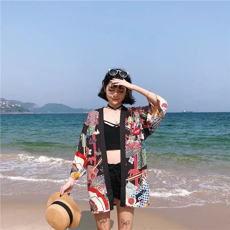 Loose Street Sun Protection Clothing Middle Sleeve Graffiti Kimono Travel Thin Coat 