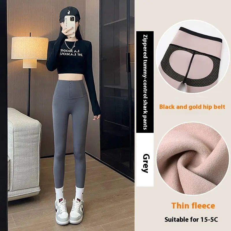 Belly-controlling Butt Lifting Leggings With Three-breasted Design Winter High Waist Slim Zippere Pants Warm Velvet And Thickened Trousers Women Clothing 
