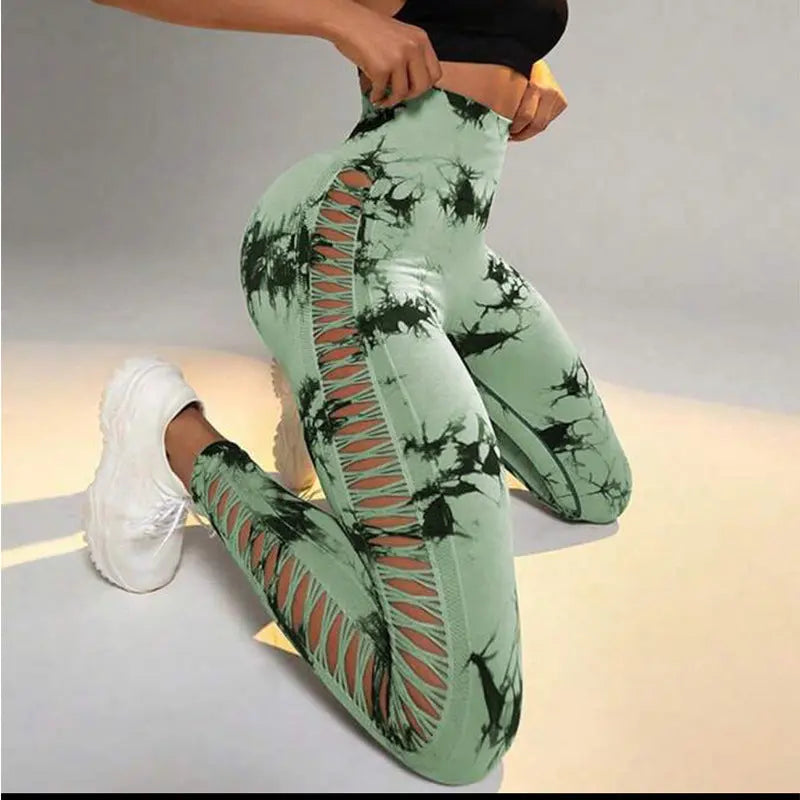 Hollow Tie Dye Printed Yoga Pants High Waist Butt Lift Seamless Sports Gym Fitness Leggings Slim Pants For Women Tight Trousers 