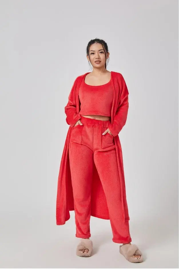 Cozy Pajama Set, 3 Piece Lounge Set, Cute Loungewear, Warm Suit Sets, Matching Set, Lounge Set, 3 Piece Pant Sets, Women Winter Dress 