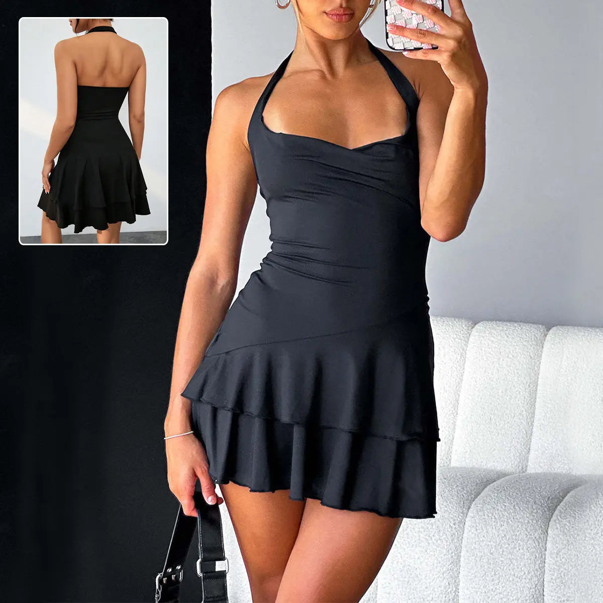 Slim Halter-neck Dress Ins Fashion Sleeveless Backless Ruffled Short Dresses Summer Clothing For Women 