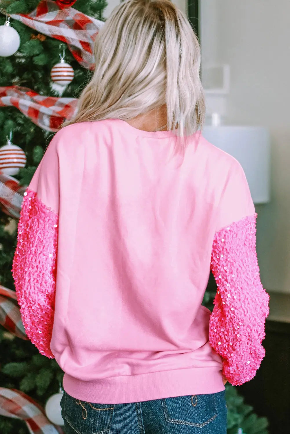 Pink Valentines LOVE Chenille Embroidered Sequin Sleeve Sweatshirt 