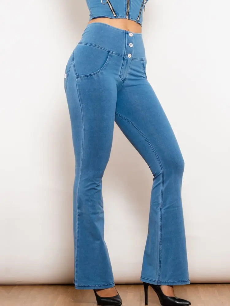 Shascullfites Melody Light Blue Flared Lift Jeggings Button Up Jeans Shaping Jeans Women High Waist Flare Jeans 