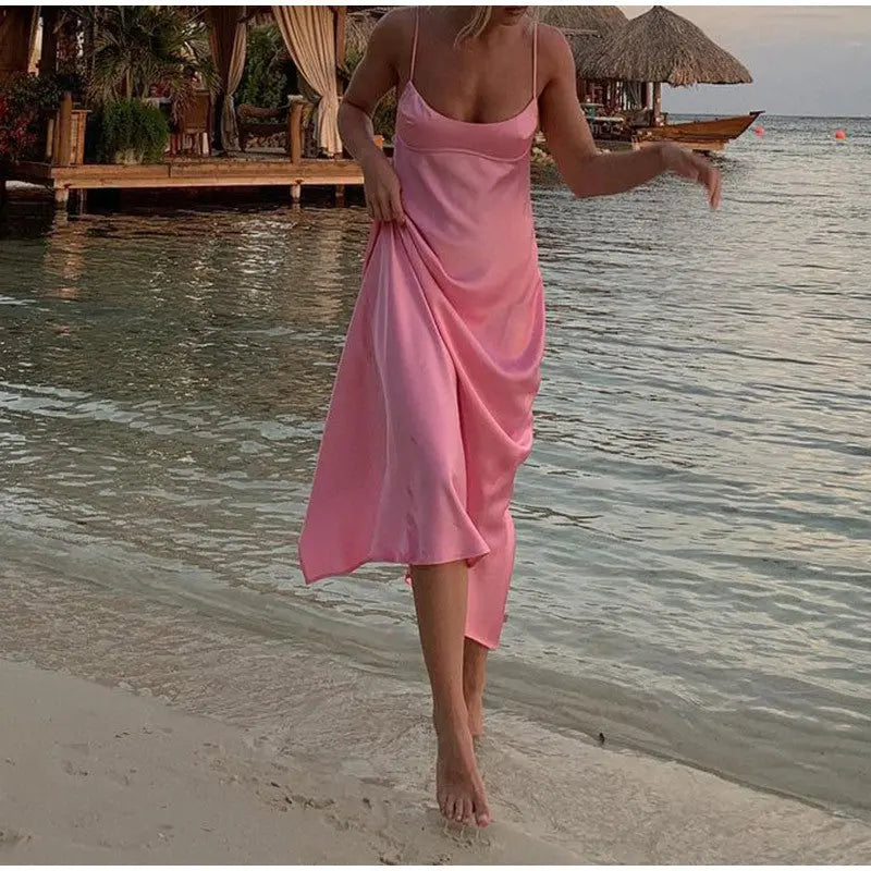 Women Camis Satin Long Dresses Elegant Sleeveless Slip Holiday Party Dresses Sexy Casual Backless Summer Dresses 