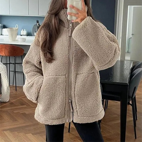 Winter Lapel Zip-up Coat With Pockets Casual Fashion 