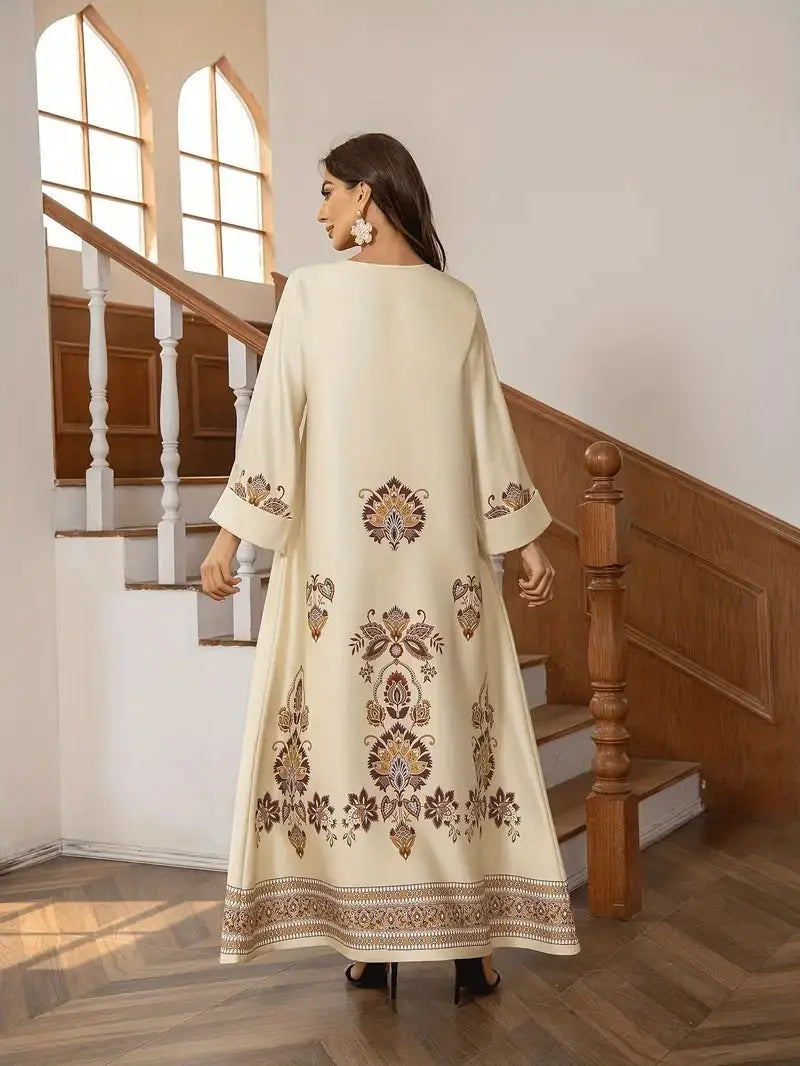 Elegant Floral Printed Abaya Middle Eastern Muslim Clothing For Women 
