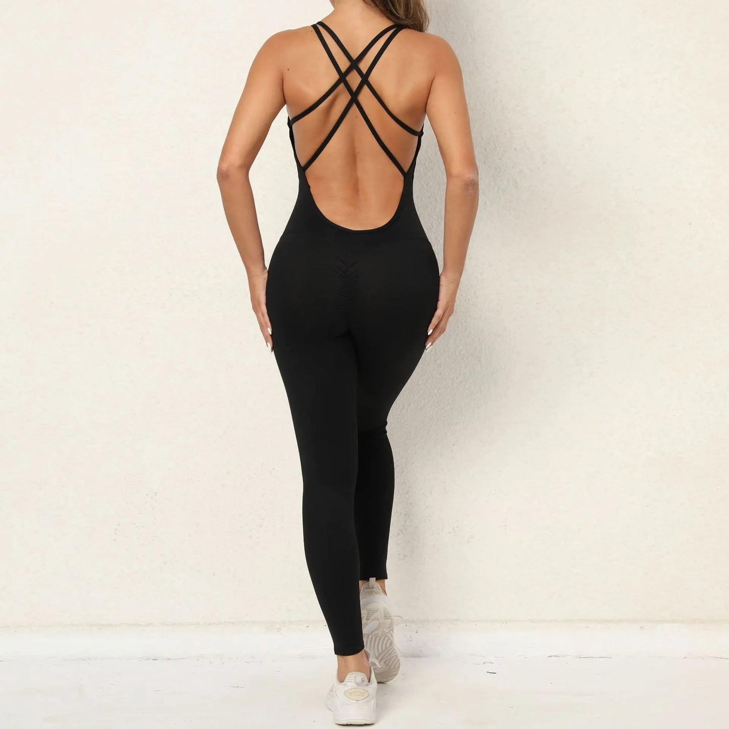 Yoga Jumpsuit With Cross-strap Back Design Quick-drying Tight-fitting Running Sports Fitness Pants 