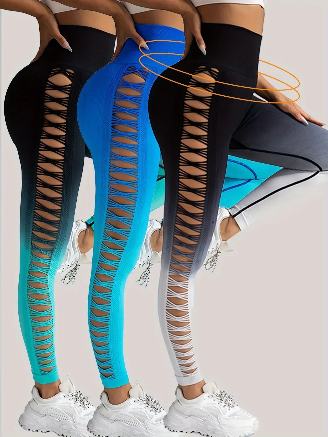 3 Pack Women's Gradient Color Butterfly Hollow High Waist Butt Lifting Long Fitness Pants 
