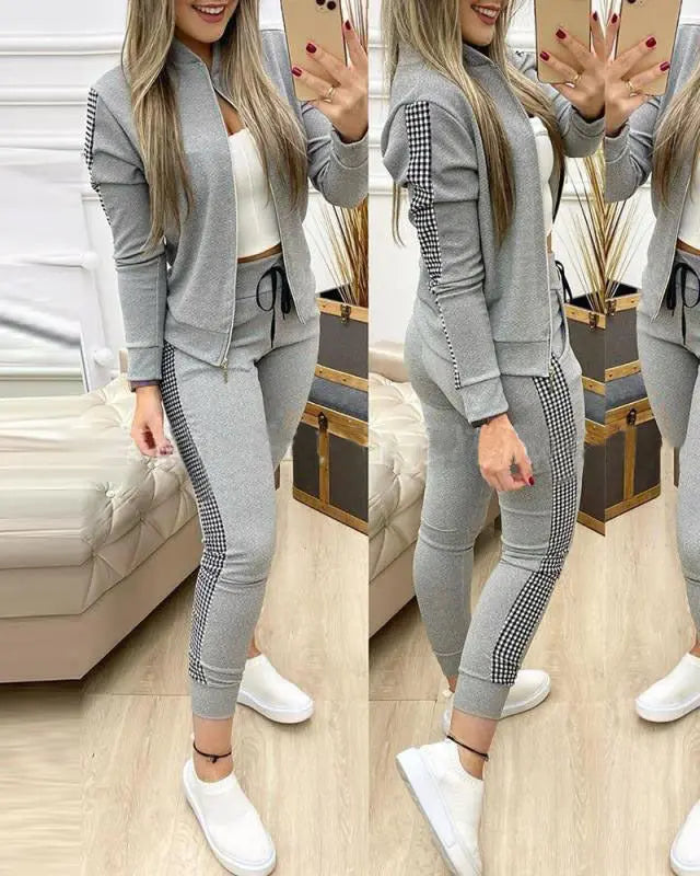 Casual Zipper Stitching Plaid Suit Women's Suit 