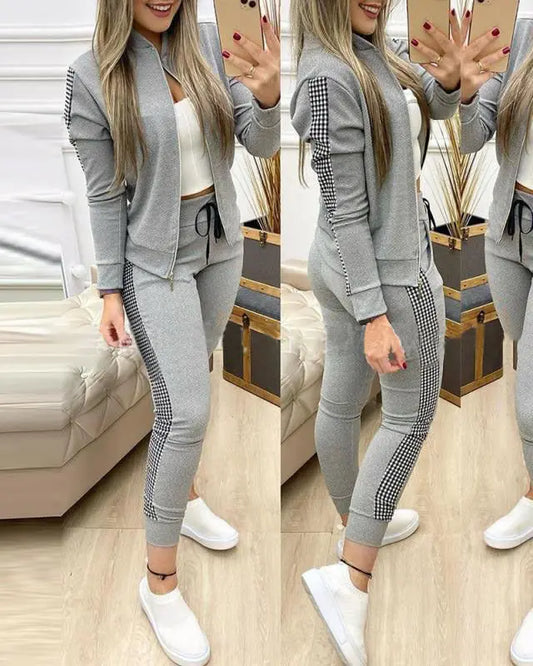 Casual Zipper Stitching Plaid Suit Women's Suit 
