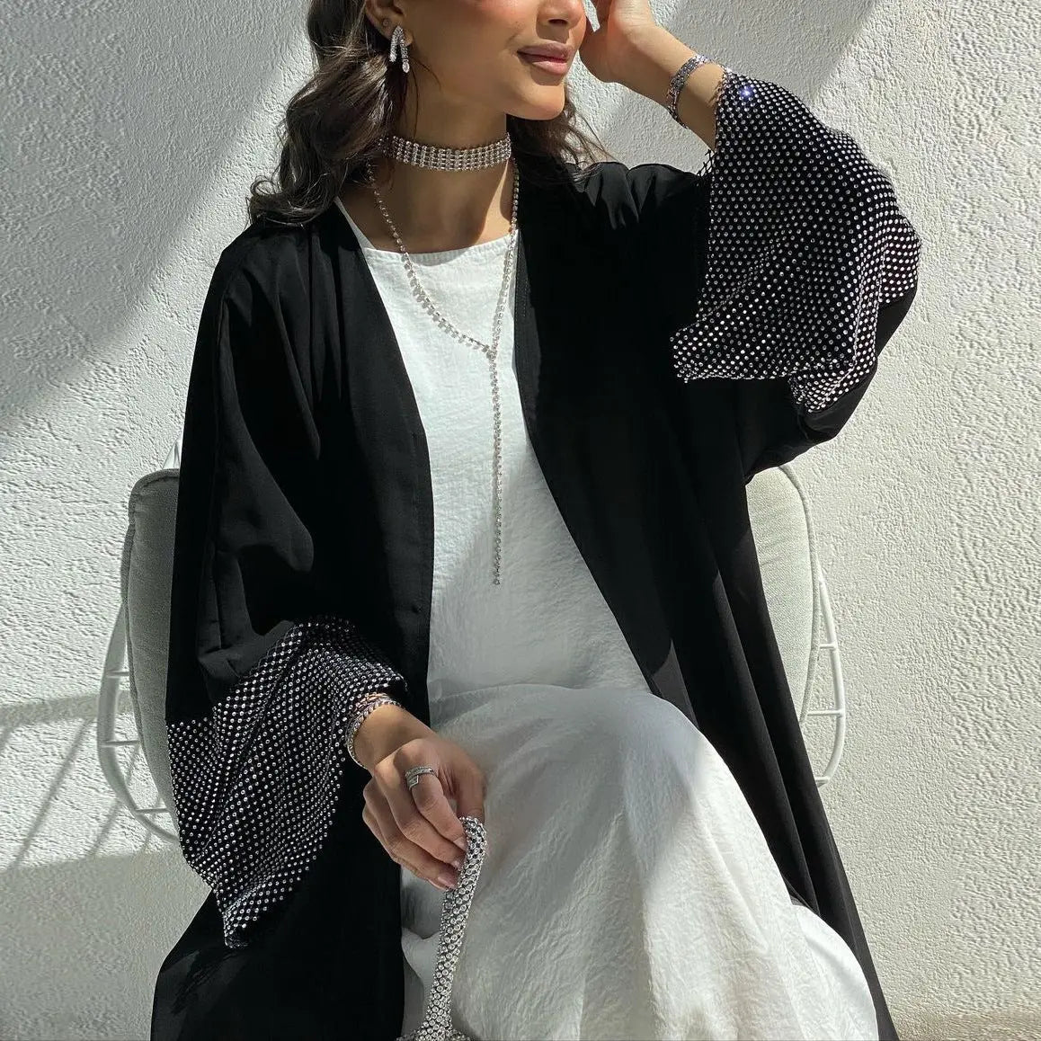 MQ085 Cardigan Abaya Muslim Cross-border Stretch Diamond Mesh Robe 