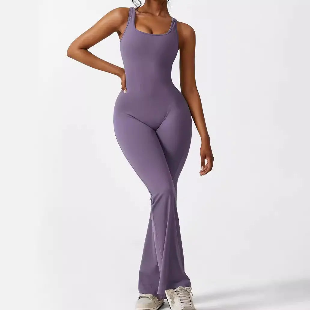 Women Sleeveless Flare Jumpsuits Fitness Yoga Long Pants 