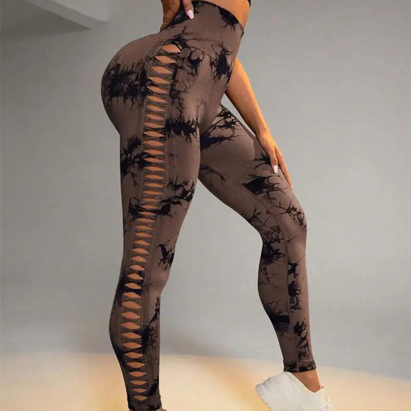 Hollow Tie Dye Printed Yoga Pants High Waist Butt Lift Seamless Sports Gym Fitness Leggings Slim Pants For Women Tight Trousers 