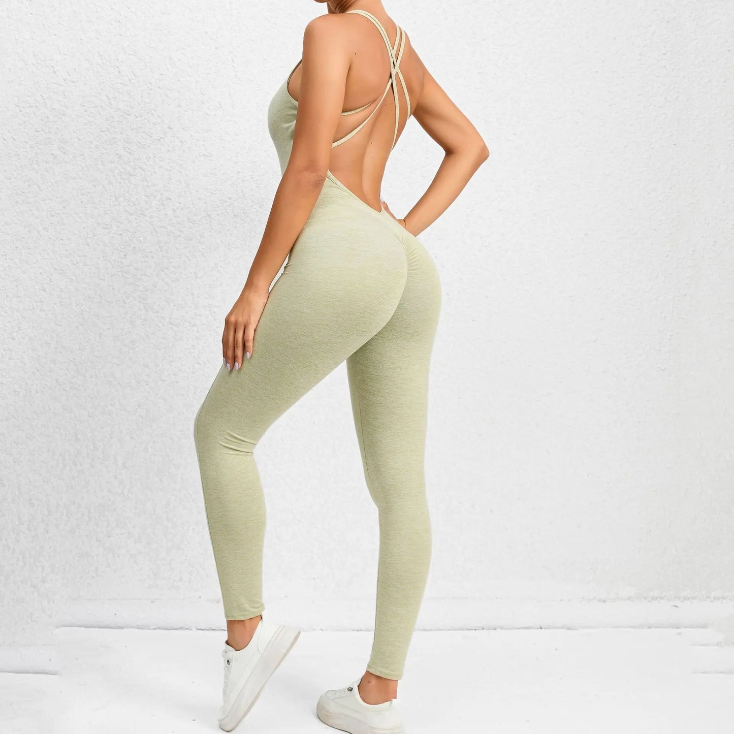 Yoga Jumpsuit With Cross-strap Back Design Quick-drying Tight-fitting Running Sports Fitness Pants 