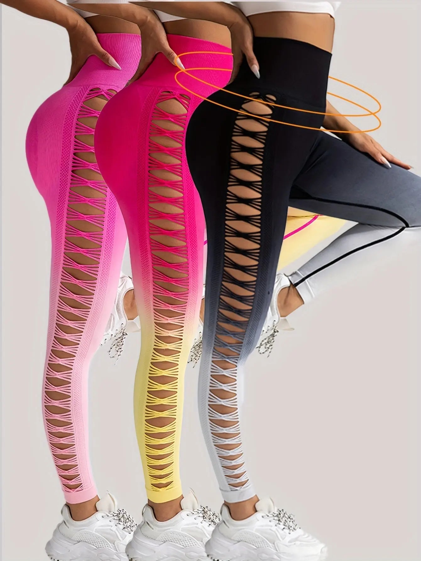 3 Pack Women's Gradient Color Butterfly Hollow High Waist Butt Lifting Long Fitness Pants 