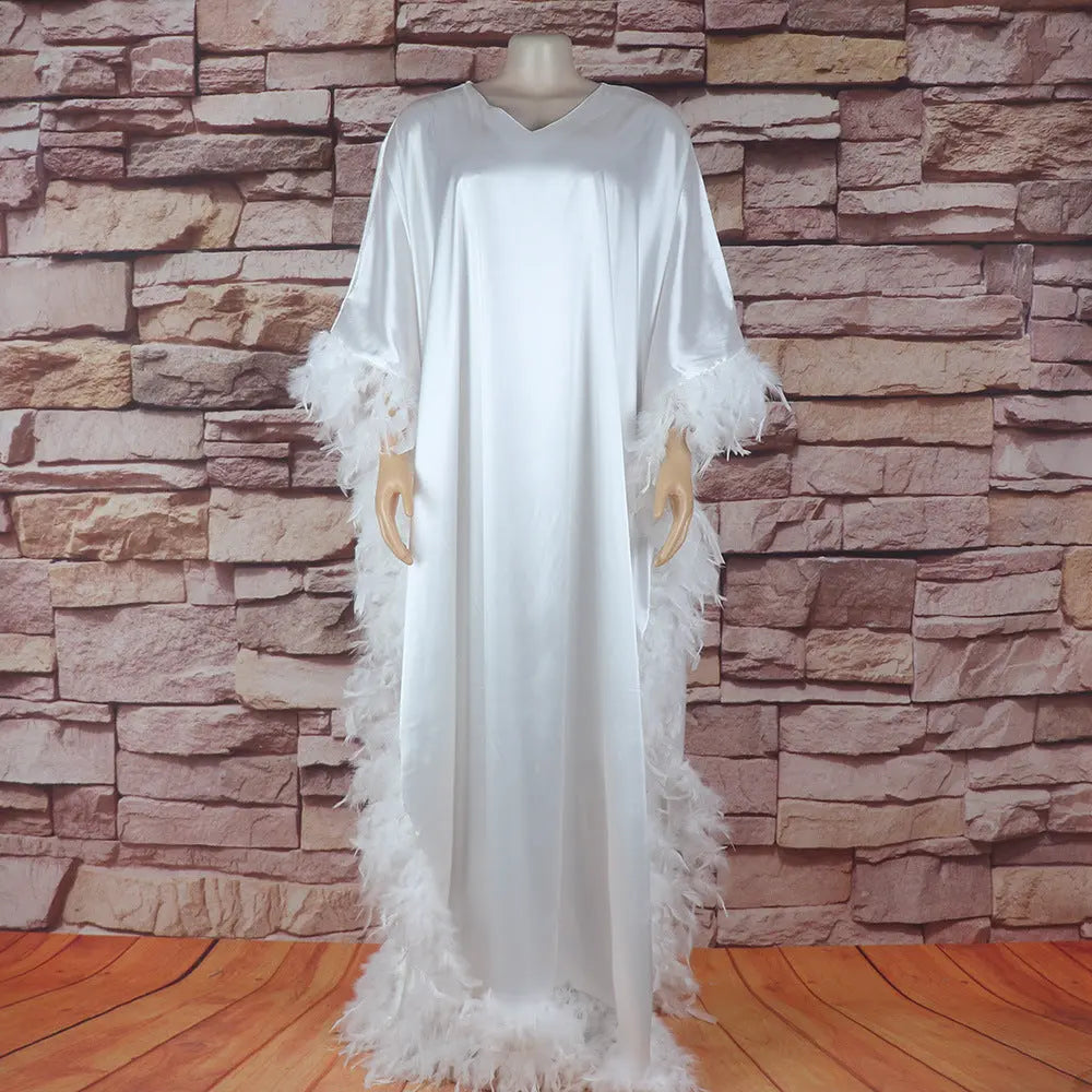 African Women's Loose Dress Luxury Fully Surrounded Light Feather Batwing Sleeve High Slit Robe 