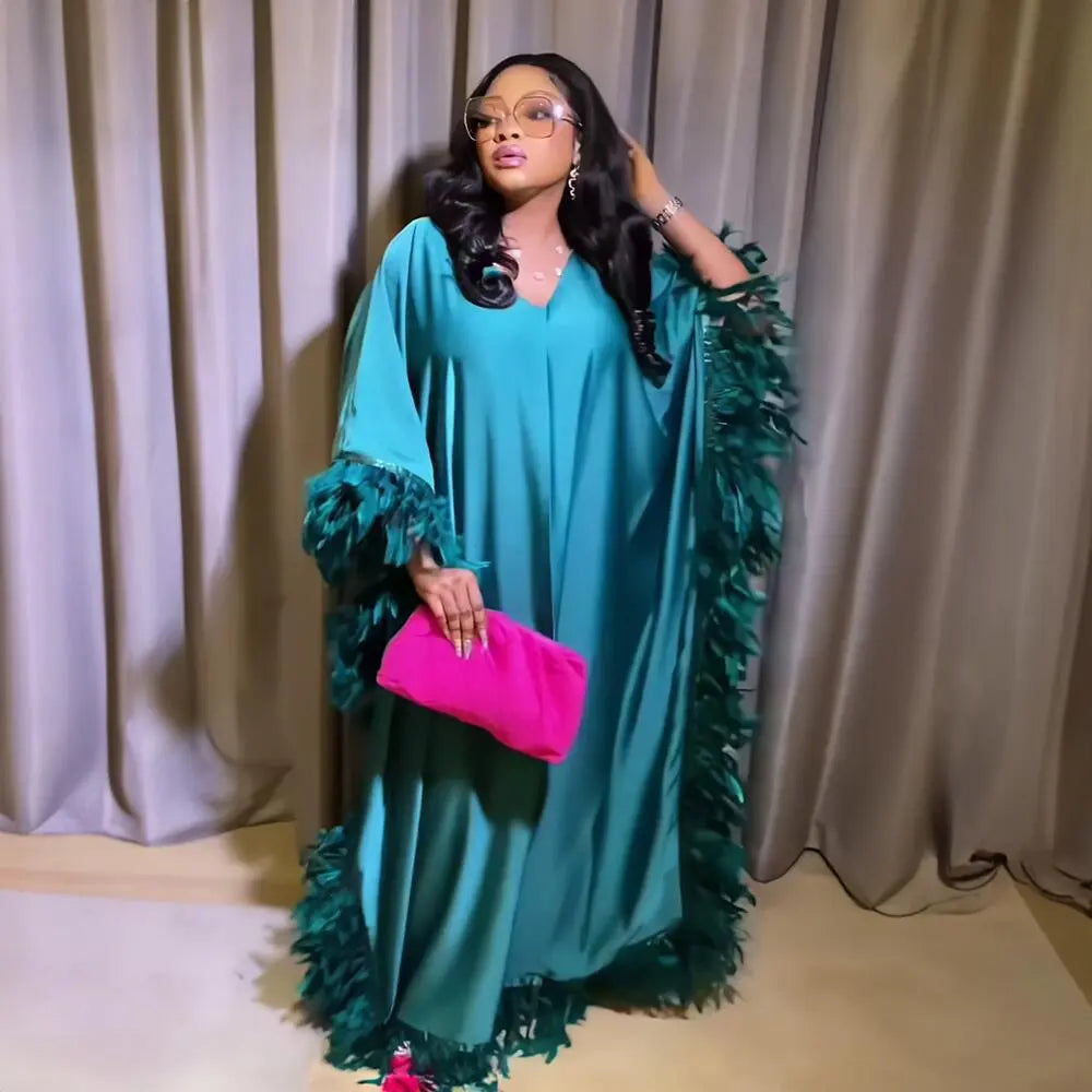 African Women's Loose Dress Luxury Fully Surrounded Light Feather Batwing Sleeve High Slit Robe 