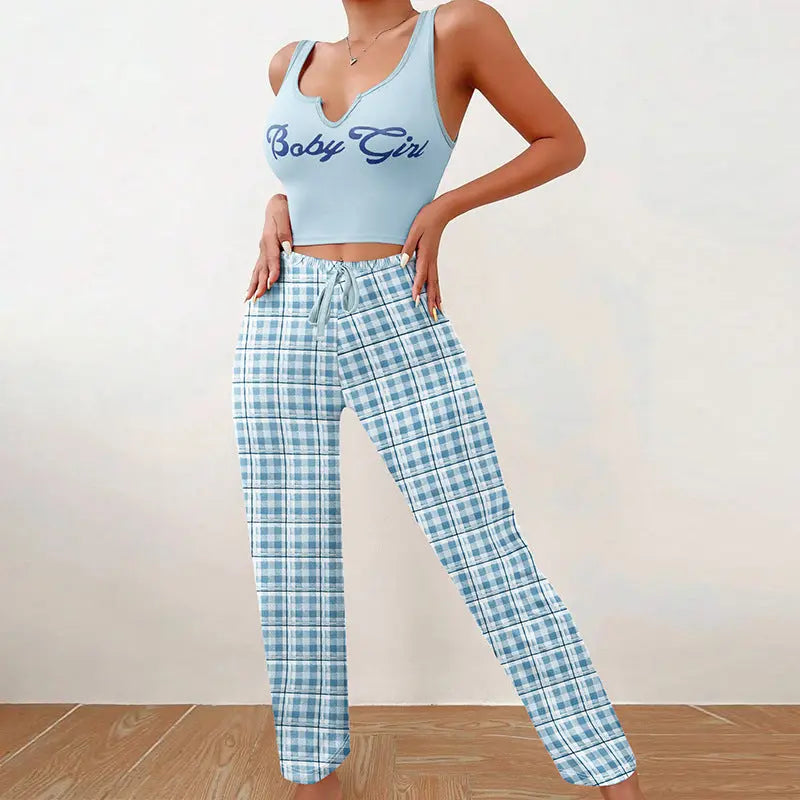 Spring Summer Women's Casual Pajamas Home Wear Vest Color Matching Plaid Trousers Letter Print Top Ladies 2 Pcs Home Clothes Sleepwear 