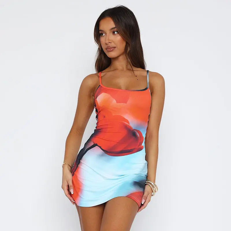 Summer Flowers Printed Suspender Dress Fashion Slim Square Neck Short Dresses Beach Clothing For Women 