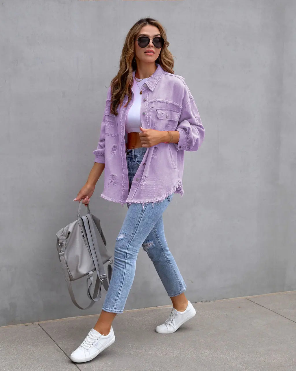 Fashion Ripped Shirt Jacket Female Autumn And Spring Casual Tops Womens Clothing 
