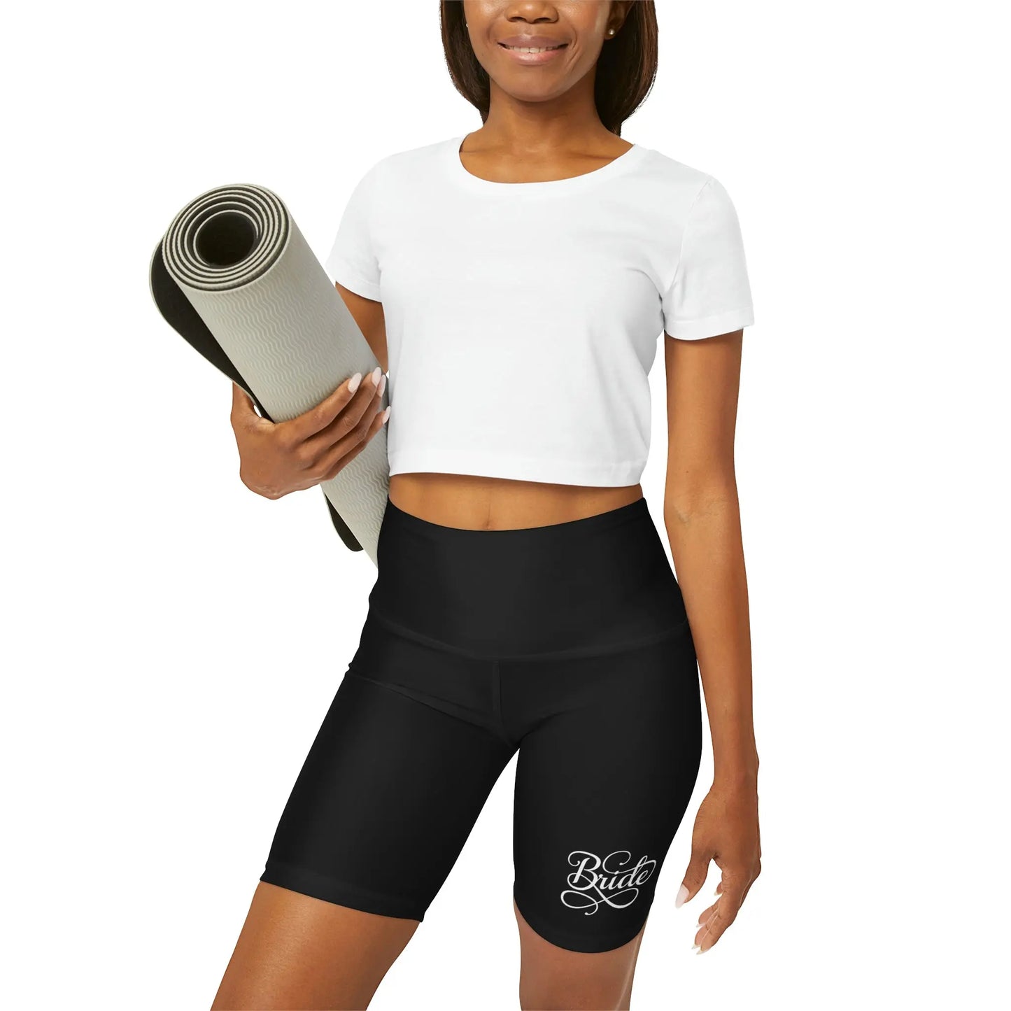 Womens High Waisted Black Yoga Shorts - Bride Accessories - Wedding 