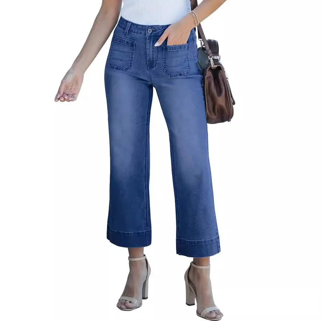 Slimming And Wide Leg Straight-leg Pants Washed Jeans Cropped Pants 