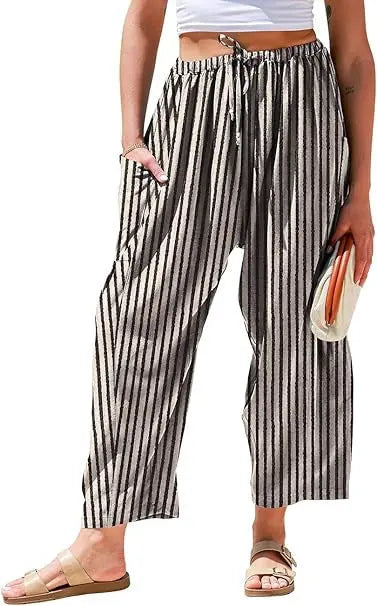 Striped Straight-leg Pants Elastic Waist Cropped Pleated Pants 