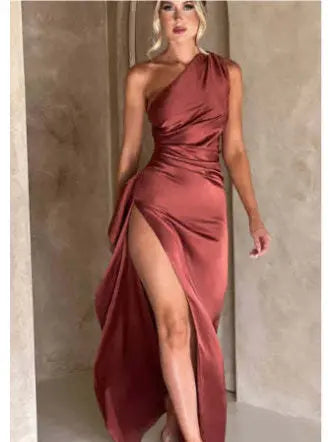 Sexy One-shoulder Backless Slit Dress Summer Elegant Slim-fit Solid Color Satin Dresses For Women 