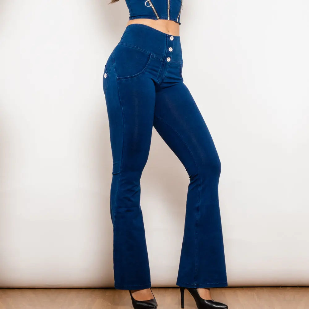 Shascullfites Melody Dark Blue Flared Lift Jeggings Button Up Jeans Bum Lift Jeans High Waist Flare Jeans Women 