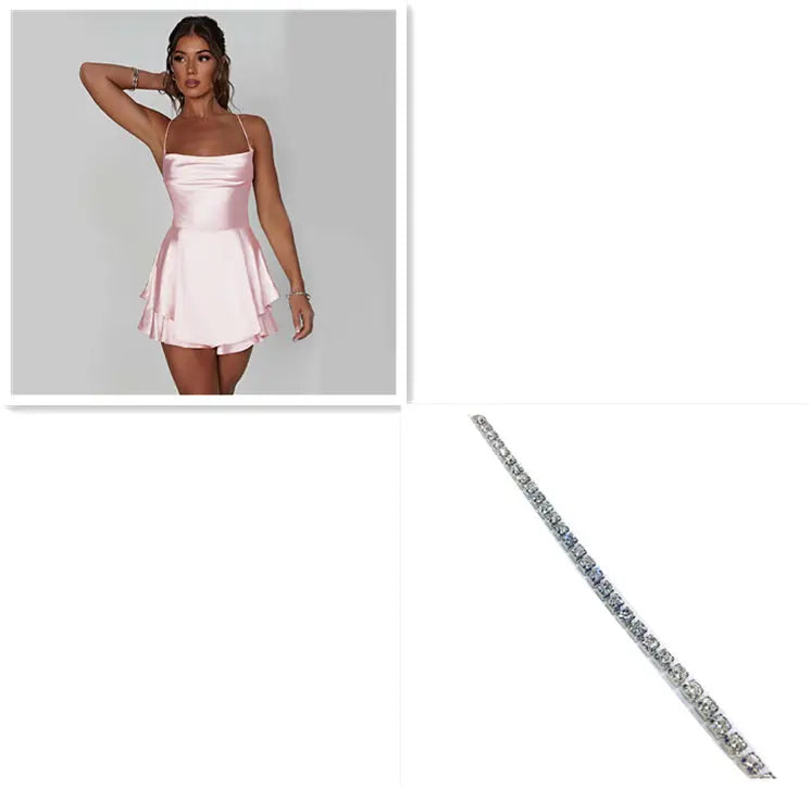 Sexy Suspender Skirt For Women Elegant Slim Strap Satin Backless Lace Up A-Line Short Dress Lady 