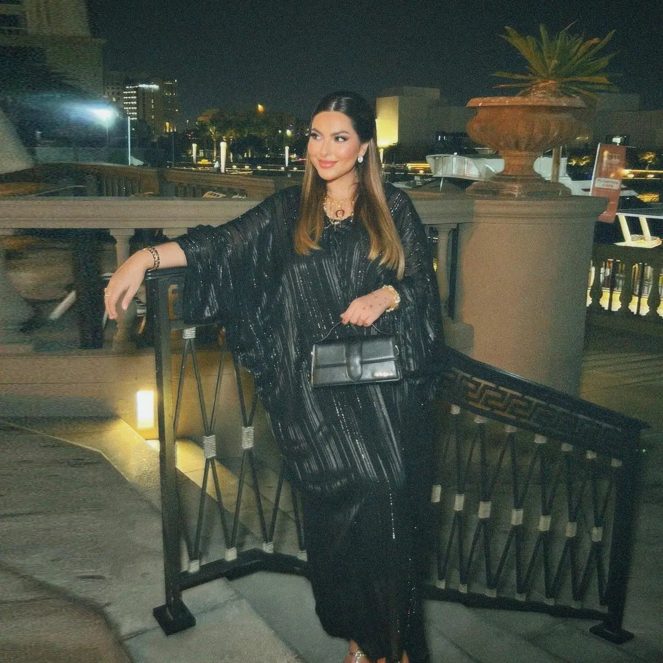 Muslim Abaya Fashion Dress Black Robe Shiny Figured Cloth Robe Two-piece Set 
