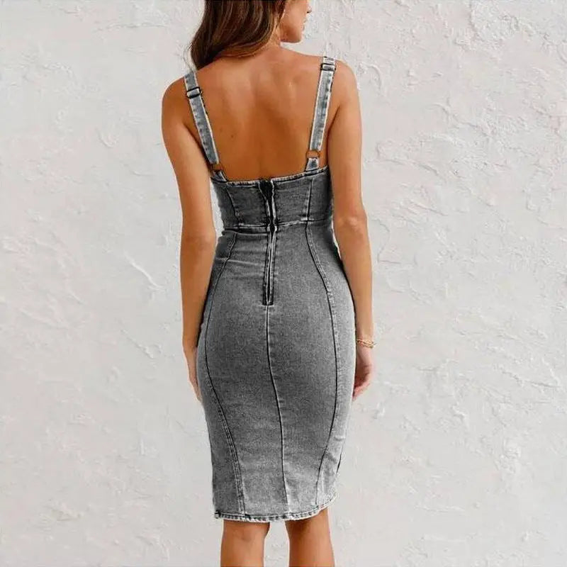 New U-neck Suspender Denim Dress Summer Casual Tight Slim Fit Dresses With Slit Design Womens Clothing 