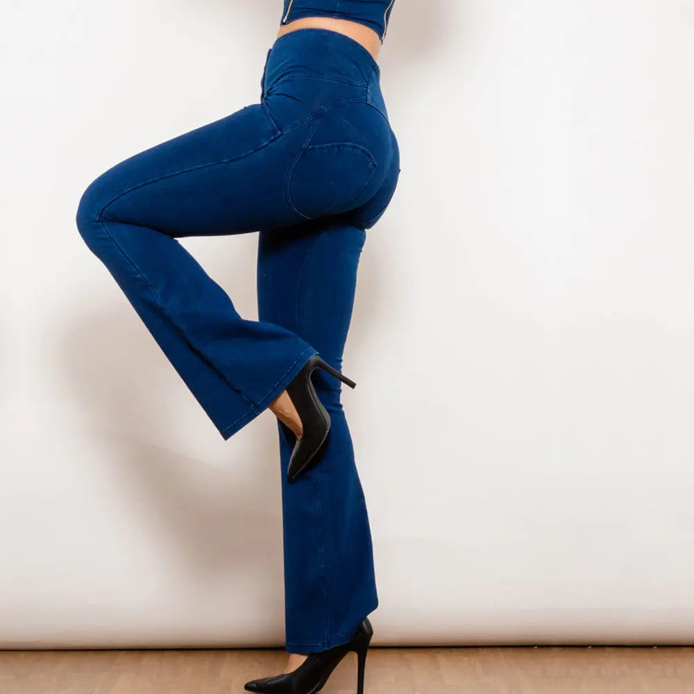Shascullfites Melody Dark Blue Flared Lift Jeggings Button Up Jeans Bum Lift Jeans High Waist Flare Jeans Women 