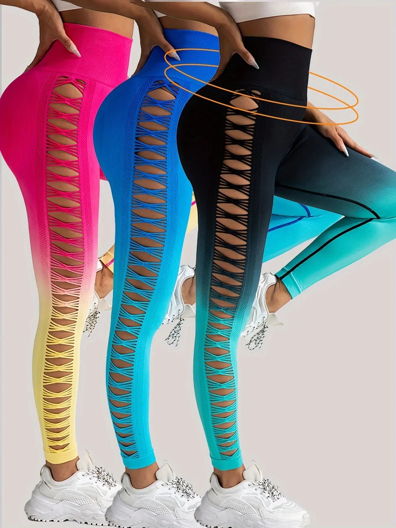 3 Pack Women's Gradient Color Butterfly Hollow High Waist Butt Lifting Long Fitness Pants 