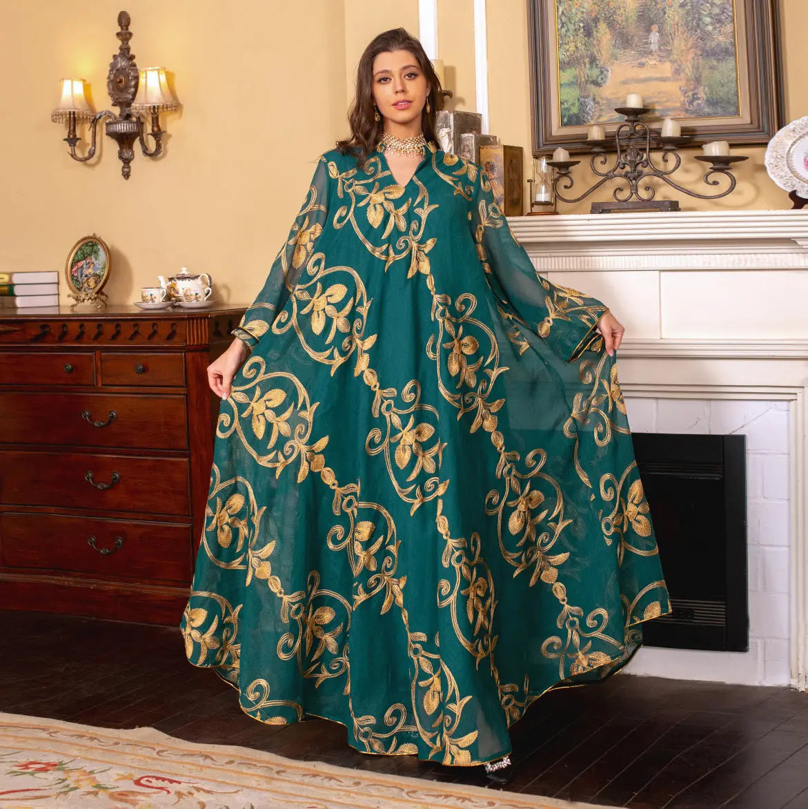 Arab Dubai Embroidered Mesh Dress European Muslim Party Dinner Fashion 