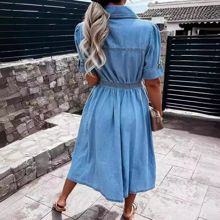 Women's Single-breasted Lapel Denim Dress Ins Fashion Temperament Slim-fit Short-sleeved Dress Summer 