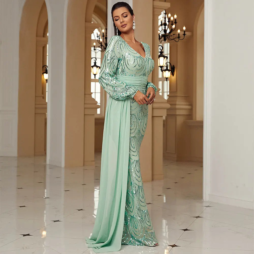 Long Sleeve Sexy Long Sequined V-neck Banquet Ribbon Evening Dress 