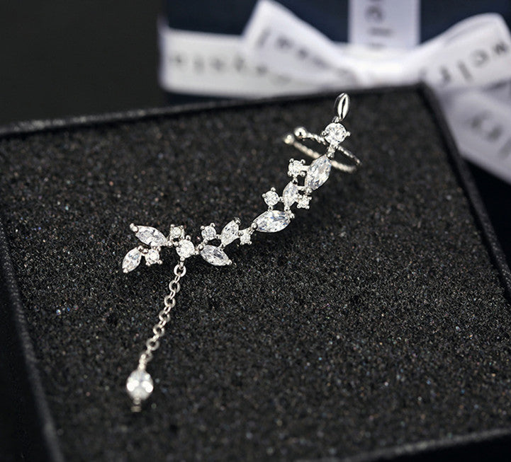 Leaf Tassel Ear Clip Diamond Stud Earrings