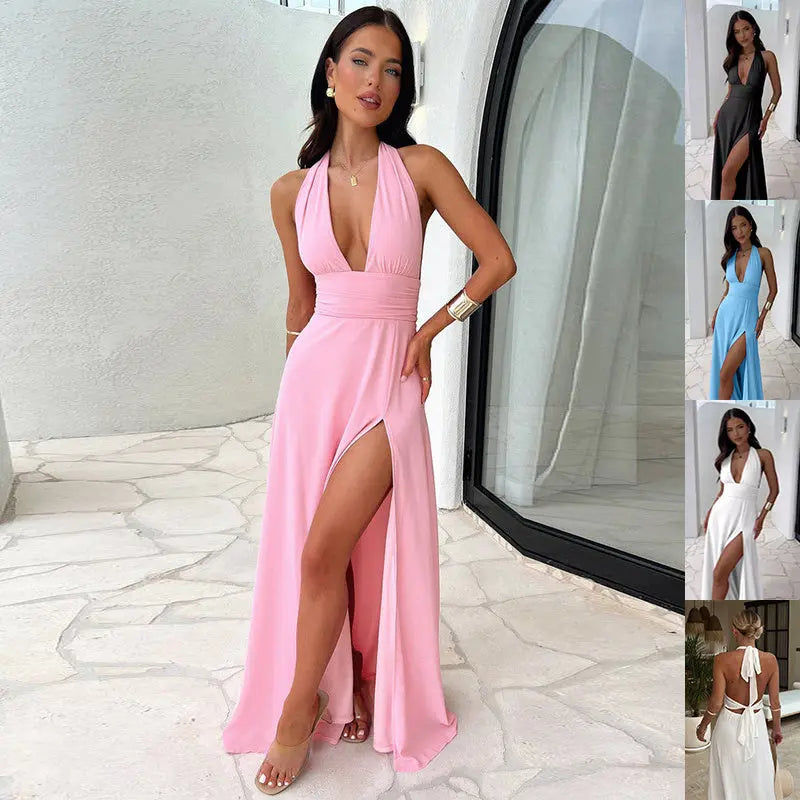 Sexy Halterneck V-neck Slit Dress Summer Backless Strappy Skirt Fashion Temperament Clothing Women 