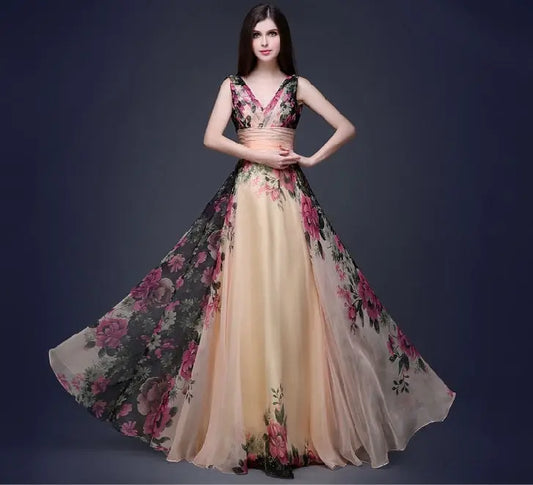 European and American elegant temperament shoulder flower dress Women's evening dress long skirt 