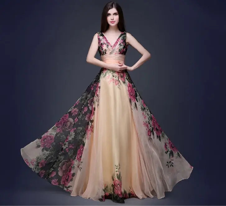 European and American elegant temperament shoulder flower dress Women's evening dress long skirt 