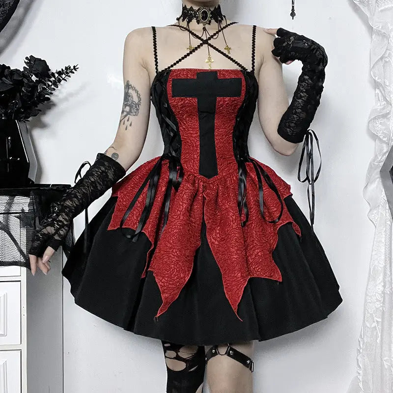 Dress Women's Retro Beautiful Red Patch Cross Print Lace Tight Dress 