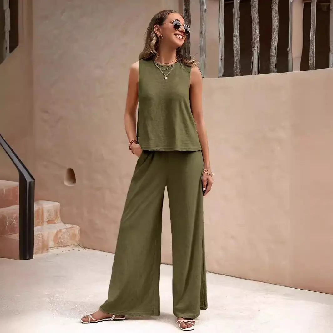 Summer Solid Color Casual Loose Pants & Suit Two Pieces Sets For Women 